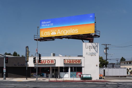 Billboard mockup template with urban scenery and a clear blue sky, ideal for advertising designs and cityscape graphics.